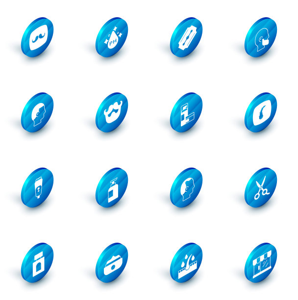 头发护理油，刀片剃须刀，小胡子和胡子，发型，电动刀片，人体毛囊和剃须凝胶泡沫图标。向量图片下载