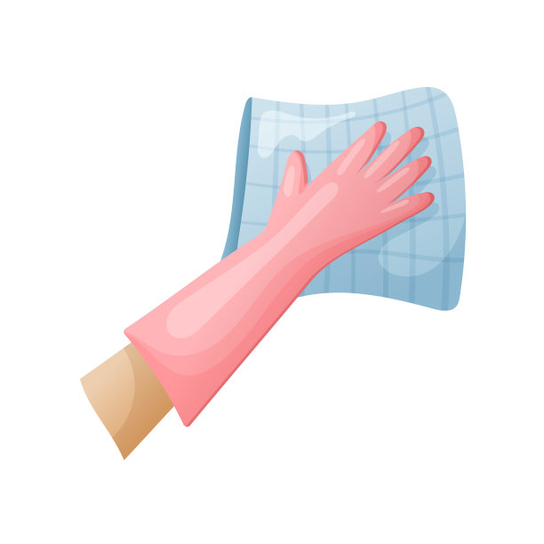 矢量隔离插图中的一只手戴着橡胶清洁手套，手里拿着一块抹布，擦拭着污垢和污渍。图片下载