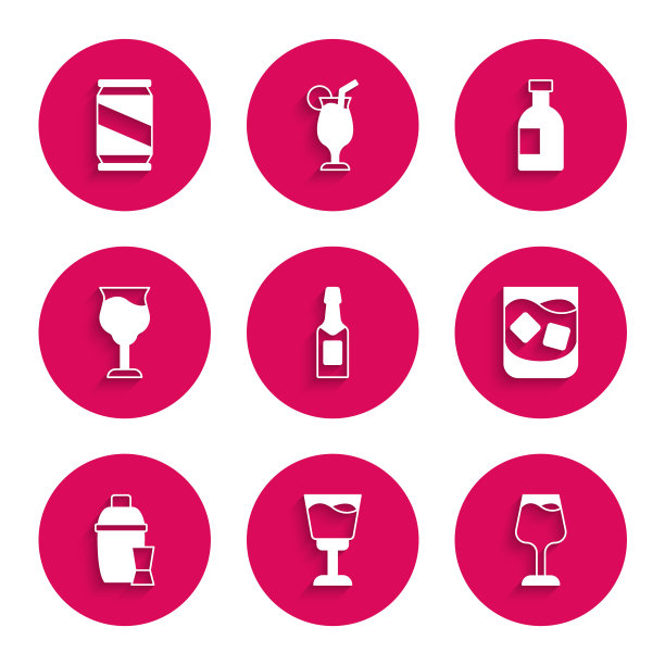 设置香槟瓶，葡萄酒杯，威士忌酒杯，鸡尾酒调酒器，伏特加和啤酒罐图标。向量图片下载