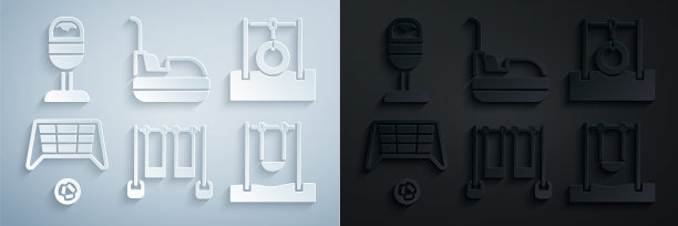 设置双秋千，汽车轮胎挂在绳子上，足球目标与球，秋千，碰碰车和垃圾桶图标。向量图片下载