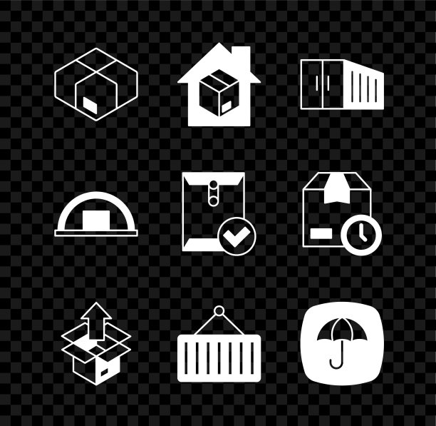 集纸箱纸箱，送货上门服务，集装箱，开箱，起重机，送货包与伞，仓库和信封和检查标记图标。向量图片下载
