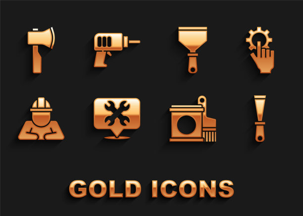 用扳手设置位置，设置在手中，油灰刀，油漆桶刷，建筑工人，木斧和电钻机器图标。向量图片下载