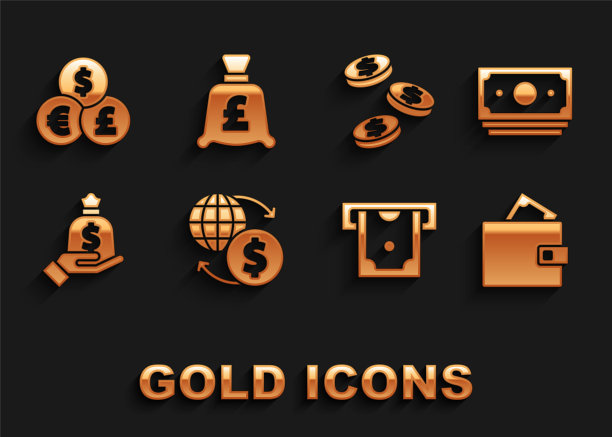 设置货币兑换，堆栈纸币现金，钱包与，ATM和，手提袋，硬币美元，货币和英镑图标。向量图片下载