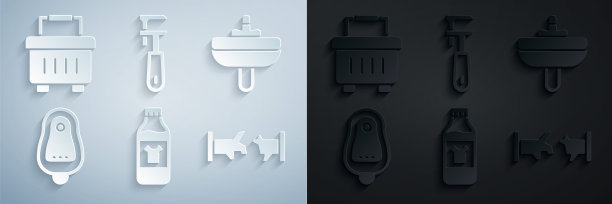 设置清洗剂瓶，脸盆，马桶便池pissoir，破管，管道活动扳手和工具箱图标。向量图片下载