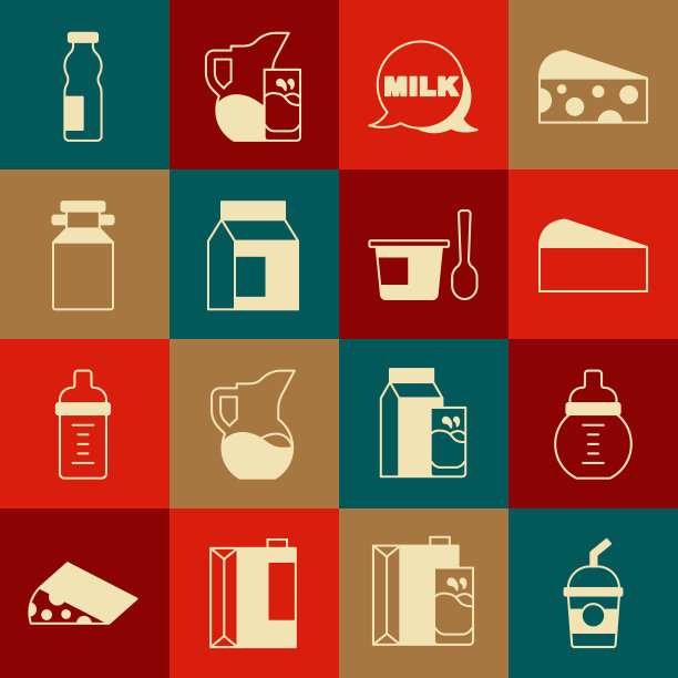 设置奶昔，婴儿牛奶瓶，奶酪，刻字，纸包，罐头容器，喝酸奶和酸奶与勺子图标。向量图片下载