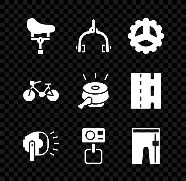 设置自行车座，刹车卡钳，链轮曲柄，头灯，行动极端相机，自行车短裤，和钟图标。向量图片下载