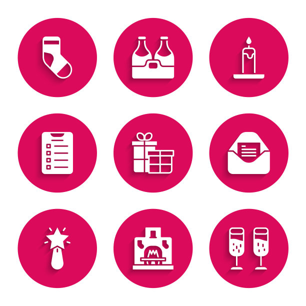 套装礼盒，室内壁炉，香槟杯，圣诞派对邀请卡，星星，新年目标清单，燃烧的蜡烛和袜子图标。向量图片下载