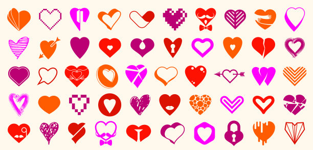 收集心形矢量标志或图标集，不同风格和概念的心形符号，爱和关心，健康和心脏病学，几何和低多边形。图片下载
