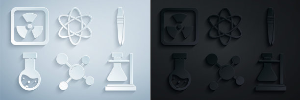 设置分子，镊子，试管和瓶化学，在架子上，原子和放射性图标。向量图片下载