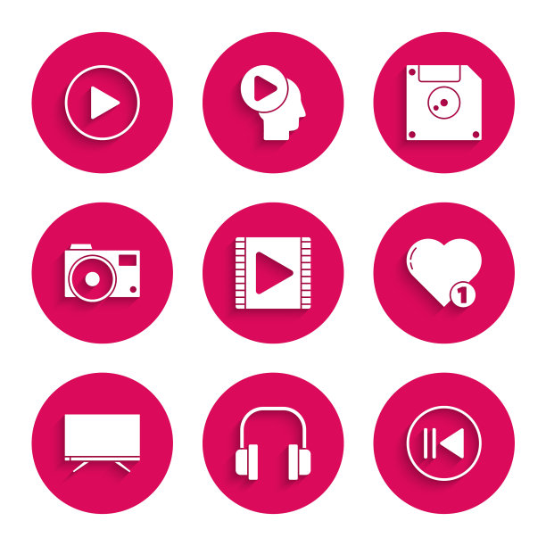 设置播放视频，耳机，倒带，喜欢和心，智能电视，照片相机，电脑数据存储软盘和圆形图标。向量图片下载