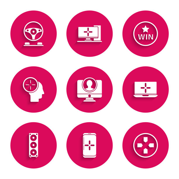 设置创建帐户屏幕，智能手机和玩游戏，手柄，笔记本电脑，立体声扬声器，头部狩猎概念，奖牌和赛车模拟器座舱图标。向量图片下载