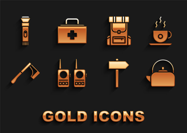 设置对讲机，咖啡杯，带柄水壶，道路交通路标，木斧，徒步背包，手电筒和急救箱图标。向量图片下载