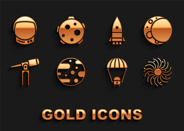 设置火星，月球，黑洞，太空舱和降落伞，望远镜，火箭船，宇航员头盔和图标。向量图片下载