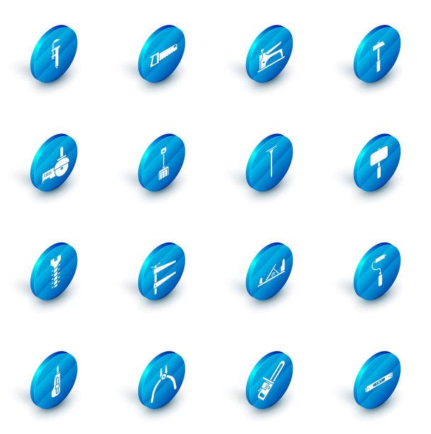 集手锯，建筑订书机，锤子，角磨床，金属螺丝，雪铲，大锤和钉子图标。向量图片下载