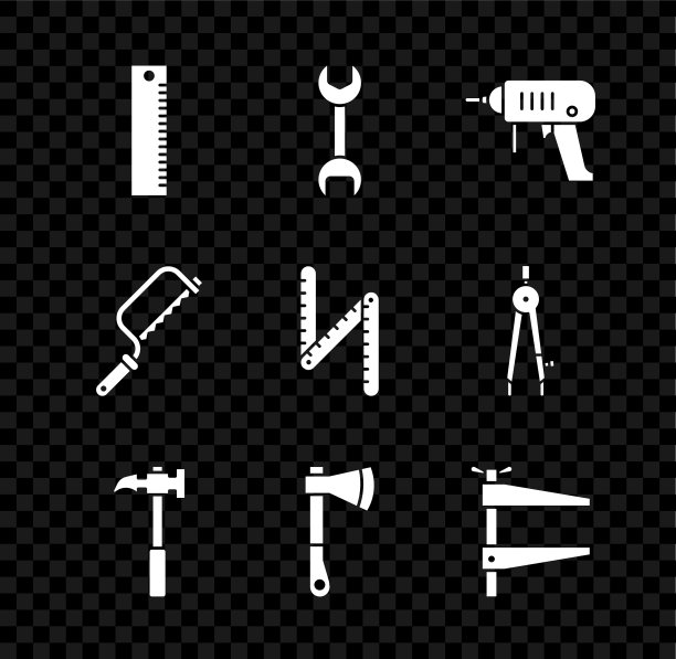 套装尺子，扳手扳手，电钻，羊角锤，木斧，夹钳工具，钢锯和折叠尺图标。向量图片下载