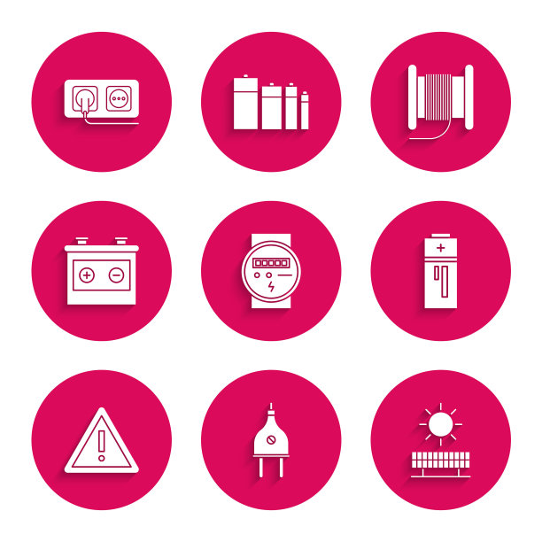 设置电表，插头，太阳能电池板和太阳，电池，感叹号三角形，汽车电池，电线电缆卷或鼓和插座图标。向量图片下载