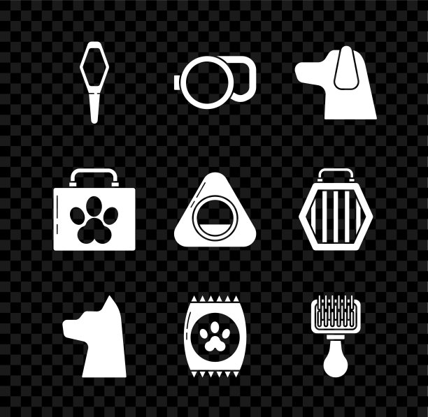 集宠物药瓶，可伸缩绳皮带，狗，猫，宠物食物袋，毛刷狗和猫，急救箱和床图标。向量图片下载