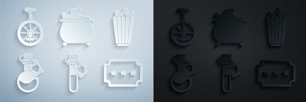 Set Bottle with love potion, Popcorn in box, Ticket, Witch cauldron and Unicycle one wheel bicycle icon。向量图片下载