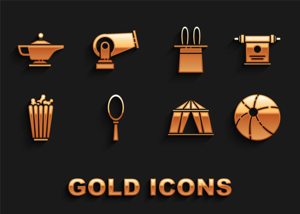 设置魔术手镜，卷轴，沙滩球，马戏团帐篷，爆米花在盒子里，魔术师帽子兔子耳朵，灯阿拉丁和大炮图标。向量图片下载