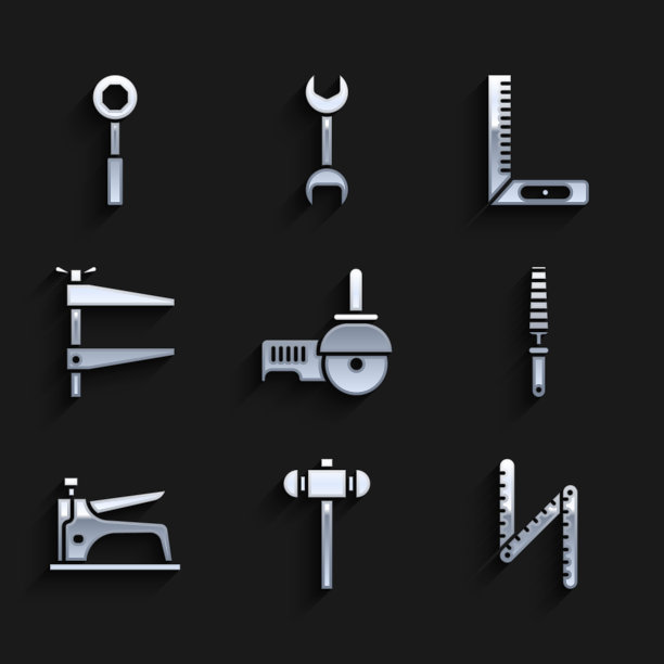 设置角磨床，大锤，折尺，木工凿工具，建筑订书机，夹具，角和扳手扳手图标。向量图片下载
