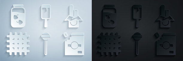 集棒棒糖，巧克力棒，饼干，糖果包装糖果，冰淇淋和草莓果酱罐图标。向量图片下载