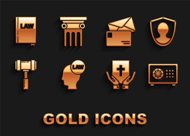 带有法律、用户保护、保险箱、圣经、法官 gavel、信封、法律书和支柱图标的头像矢量素材图片下载