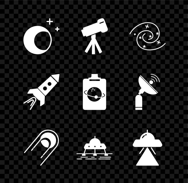 集月亮和星星，望远镜，黑洞，卫星，火星漫游者，飞碟飞行宇宙飞船，带火的火箭和行星图标。向量图片下载