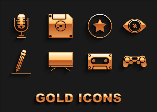 设置智能电视，眼睛，游戏手柄，复古录音带，橡皮笔，星星，麦克风和软盘电脑数据存储图标。向量图片下载