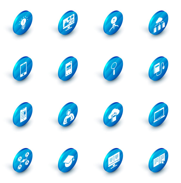 设置在线教育，网络摄像头，云或在线图书馆，手机，电子书手机，鼠标和放大镜图标。向量图片下载