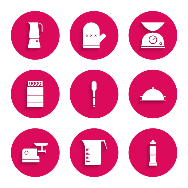 设置勺子，量杯，胡椒，覆盖托盘的食物，厨房绞肉机，打开火柴盒和火柴，天平和Moka锅图标。向量图片下载