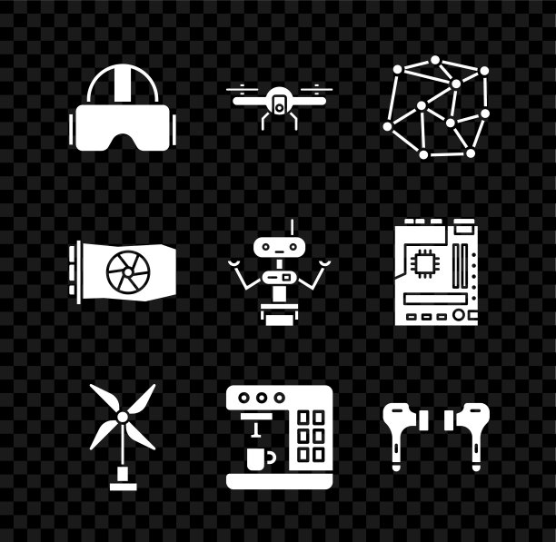 设置虚拟现实眼镜，无人机飞行，神经网络，风力发电机，咖啡机，空气耳机，视频显卡和机器人图标。向量图片下载