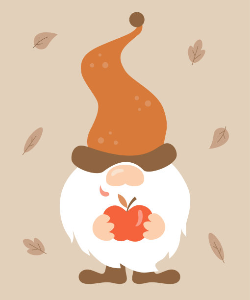 卡通秋地精手里拿着一个苹果，上面装饰着落叶。秋天矮装饰。北欧gnome。图片下载