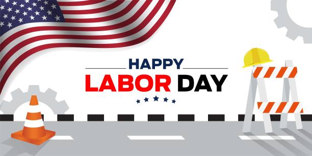 劳动节快乐向量与机械和建筑工人的概念与美国国旗图片下载