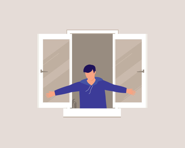 一个人打开窗户呼吸新鲜空气。空气通风。图片下载