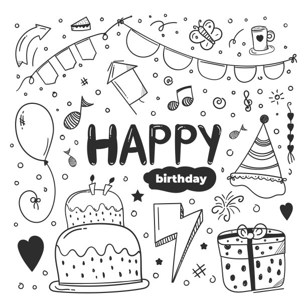 生日快乐涂鸦。生日快乐元素设计与涂鸦风格。生日快乐的概念。用于元素设计邀请图片下载