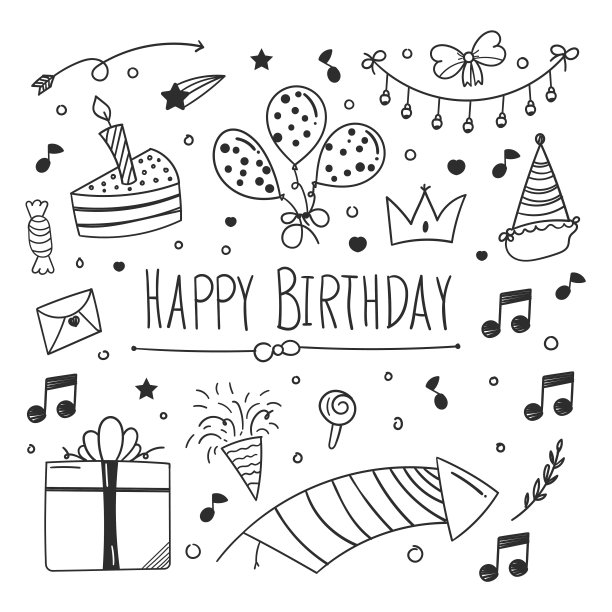 生日快乐涂鸦。生日快乐元素设计与涂鸦风格。生日快乐的概念。用于元素设计邀请，墙纸或社交媒体feed。图片下载