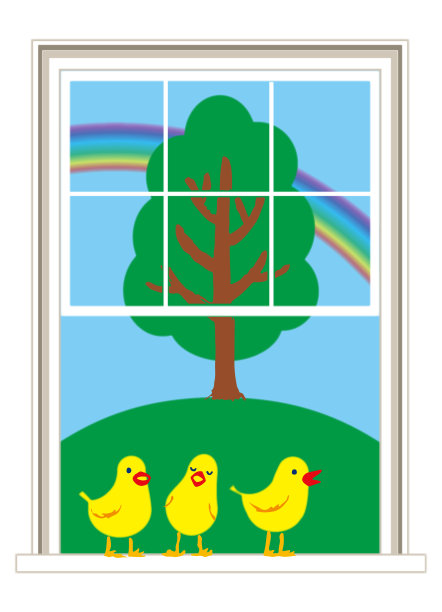 窗户上有一道彩虹，外面有一棵树，三只小黄鸟栖息在上面图片下载