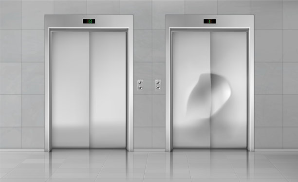 电梯门关闭，电梯新的和损坏的客舱图片下载