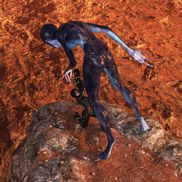 一名未来主义女战士指着武器，跪着，恐惧地弓着背，因为在一个红色星球上，一个巨大的外星塔在她的上方。图片下载