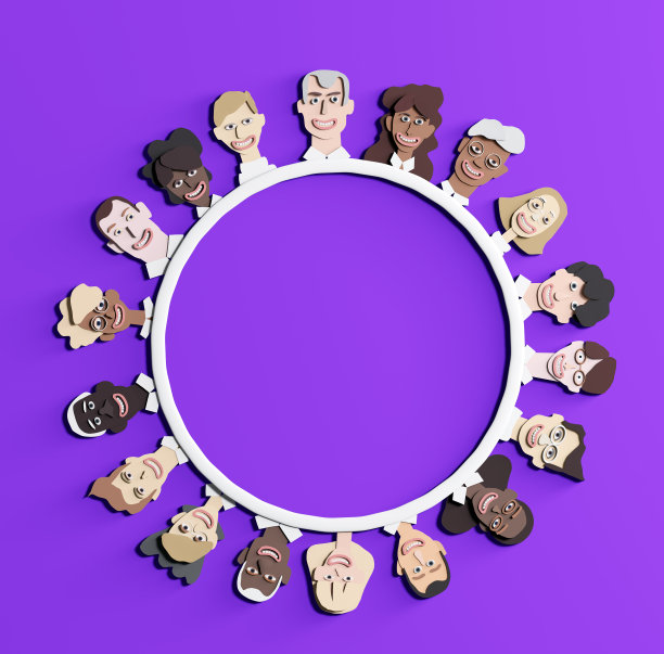 很多人的脸都是纸做的。不同年龄和职业背景的人。剪纸设计3D渲染图片下载