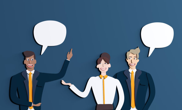 谈论商业人士和演讲泡沫。纸做的商人背景。剪纸设计3D效果图图片下载