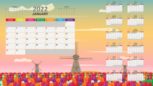 2022年的日历模板与郁金香花园背景收集。模板的计划和创建的清单在2022年。向量EPS10图片下载