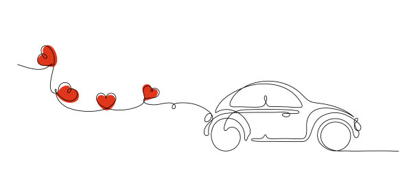 连续线画的婚礼车。图片下载