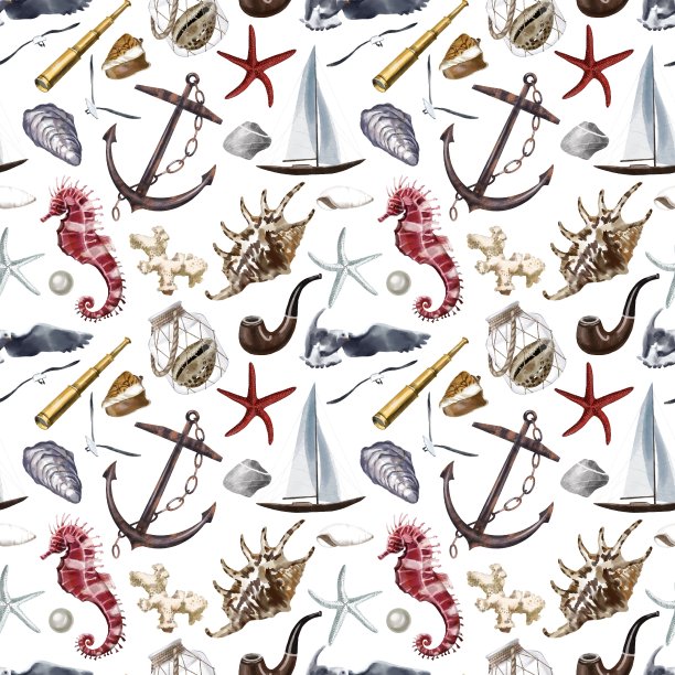 航海无缝图案与水彩插图的贝壳图片下载
