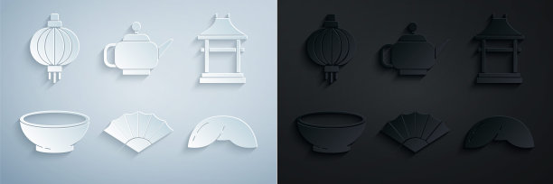 中国或日本纸折扇，日本门，碗热汤，中国幸运饼干，日本茶道和纸灯笼图标。向量图片下载