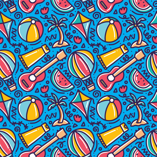 在海滩上玩夏天的手绘涂鸦集图片下载