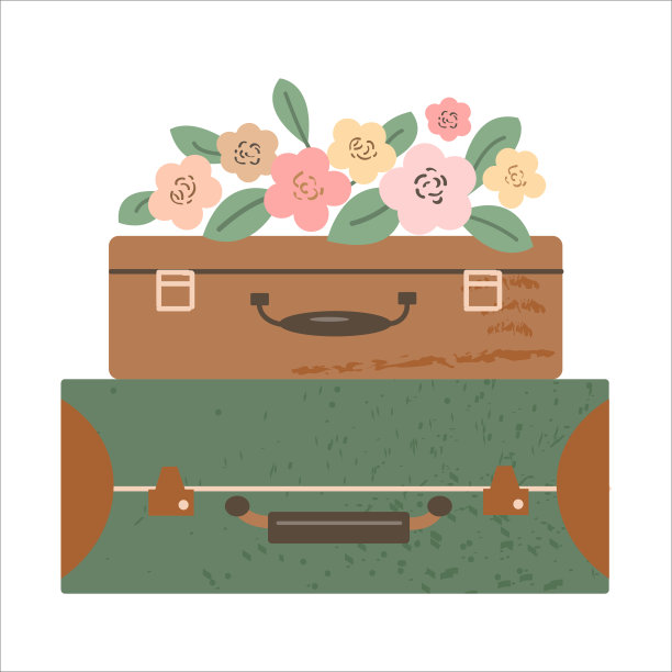 带有夏日花朵装饰的老式手提箱图片下载