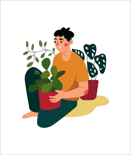 那个人正坐在植物中间。向量。图片下载