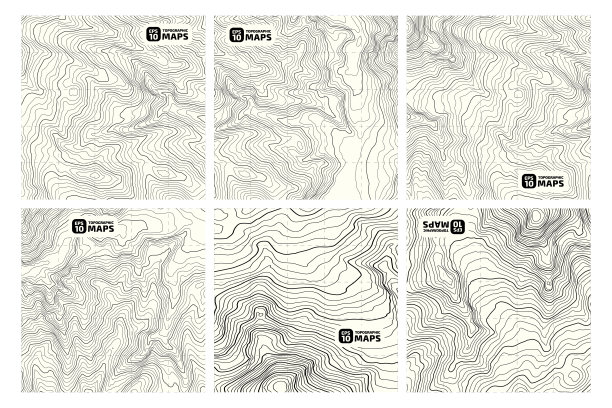 一套程式化的高程地形图等高线在黑色背景形式的线，轮廓。图片下载