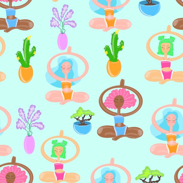 女人练习瑜伽的模式。手绘平色无缝图案图片下载